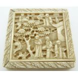 19thC Chinese Tangram game in carved ivory Chinese container depicting court scene, with instruction