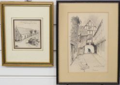 Frank Patterson (British 1871-1952): Two pen and ink drawings 'The Mediaeval Tithe Barn, Bradford on