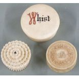 Two ivory whist marker boxes, one with carved design and clubs symbol to top, the other with 'Whist'