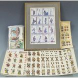 Various uncut continental playing cards, framed print, postcards relating to playing cards etc