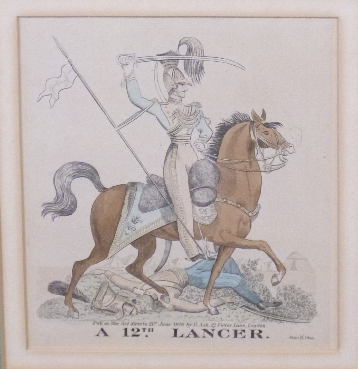 Four 19thC style coloured military engravings of 9th, 12th Lancers, 15th Hussar and 17th Light - Image 4 of 6