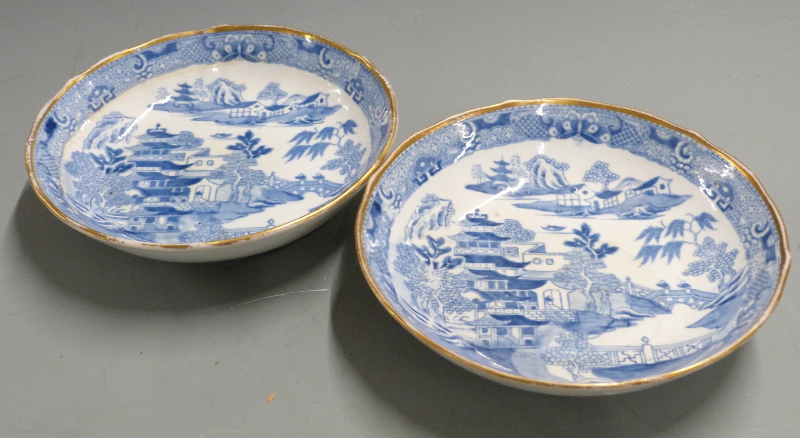 A 19thC blue and white porcelain chestnut basket, two saucers, Foley trio and a Noritake pot pourri - Image 4 of 5