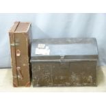 A vintage domed topped metal trunk and a leather suitcase, largest W71 x D42 x H50cm