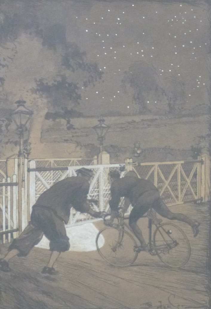 Frank Patterson (English 1871-1952): Pen, ink and gouache drawing of night time cycling scene at a