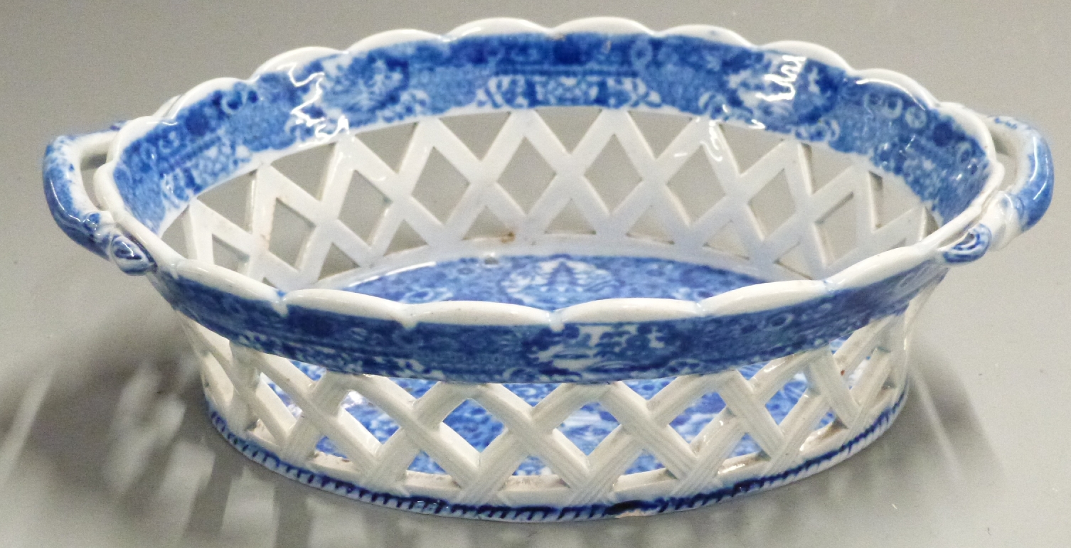 A 19thC blue and white porcelain chestnut basket, two saucers, Foley trio and a Noritake pot pourri - Image 3 of 5