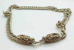 Chinese white metal necklace with marks to dragon clasp