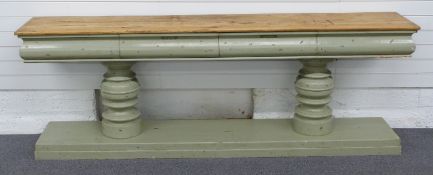 Large painted sidetable or leaflet with two drawers, raised on turned supports, L240 x D45 x H84cm