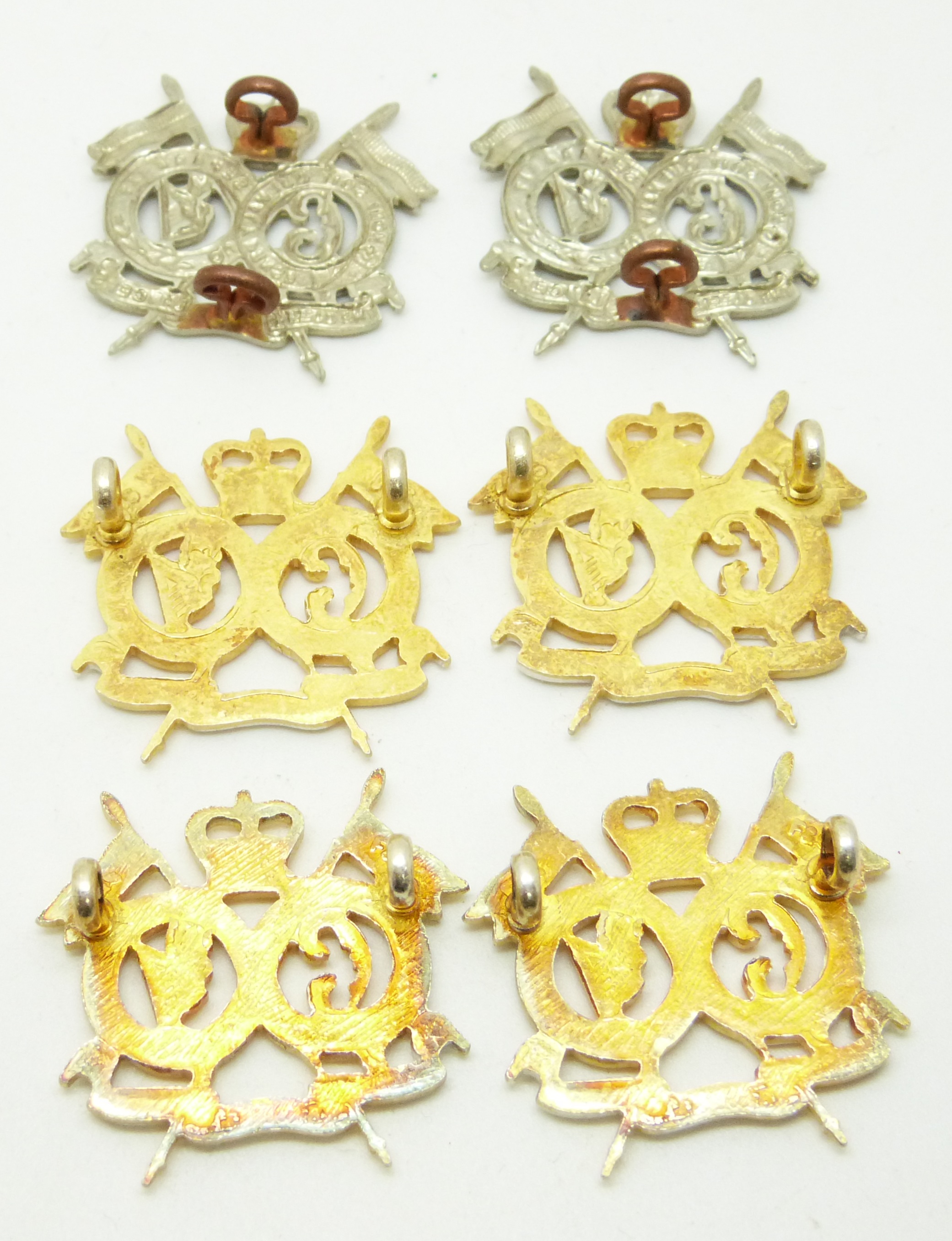 Six British Army 16th/5th Lancers metal collar badges in three pairs, post 1954 Queen Elizabeth - Image 2 of 2