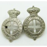 British Army Medical Staff Corps volunteers metal collar badges, Queen Victoria crown