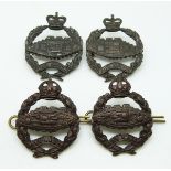 Four British Army OSD metal badges in two pairs for the Tank Corps with Imperial crown and St