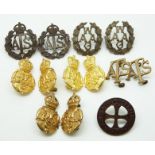 Thirteen British Army Women's support arms metal collar badges including Women's Army Auxiliary