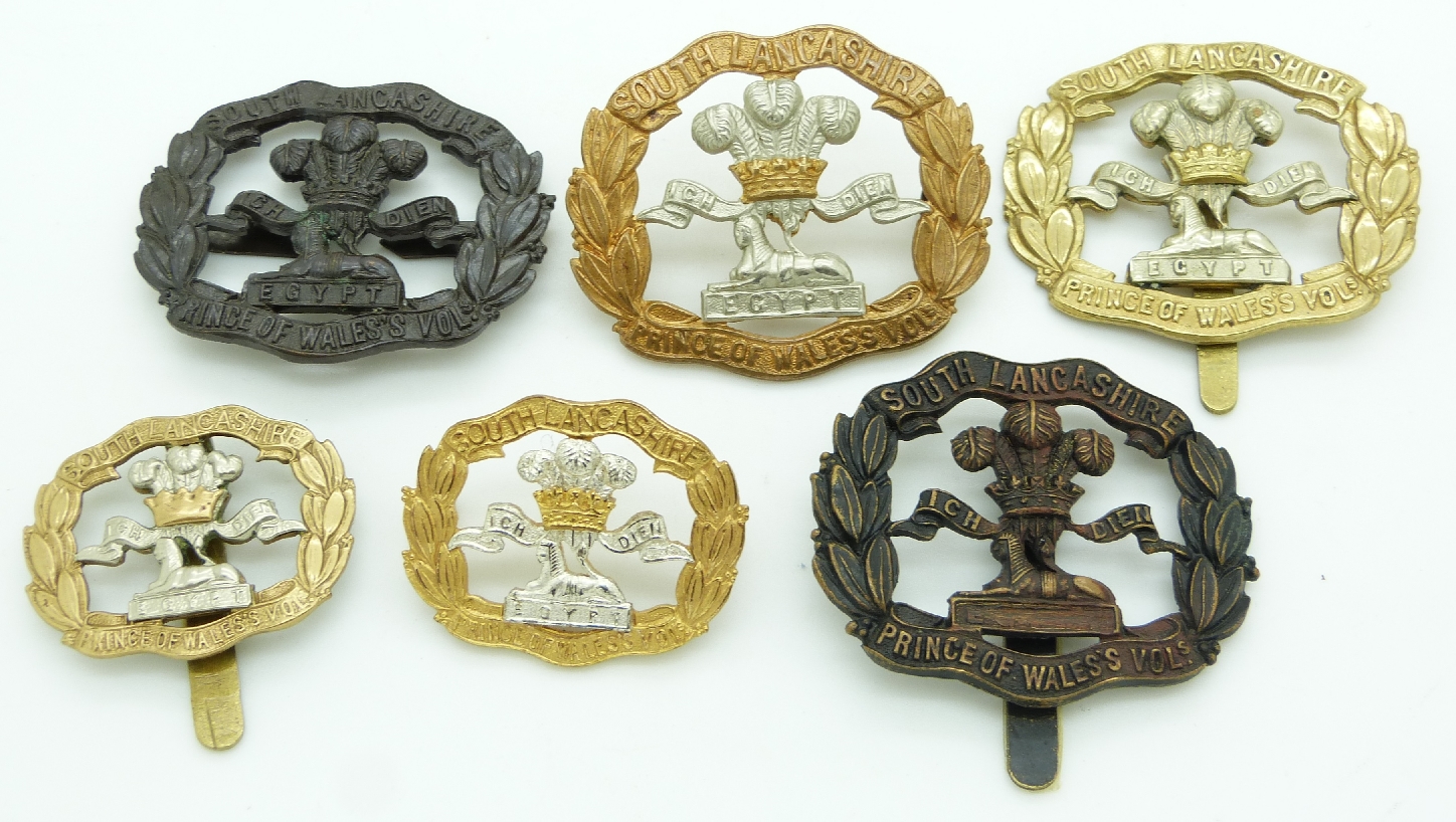 Six British Army South Lancashire Regiment metal badges including a ...
