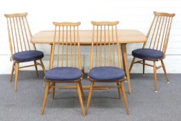 Mid-century light elm Ercol dining table and four chairs, 72 x 155 x 75cm