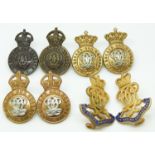 Eight British Army Queen's Own Hussars metal collar badges in three pairs plus two including King'