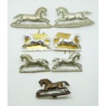 Seven British Army 3rd King's Own Hussars metal collar badges in three pairs plus one