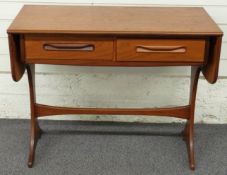 G Plan two drawer console or side table with drop ends, min L92, max 147cm
