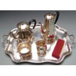 Silver plated teaset on twin handled tray, length 57.5cm together with a cased hallmarked silver