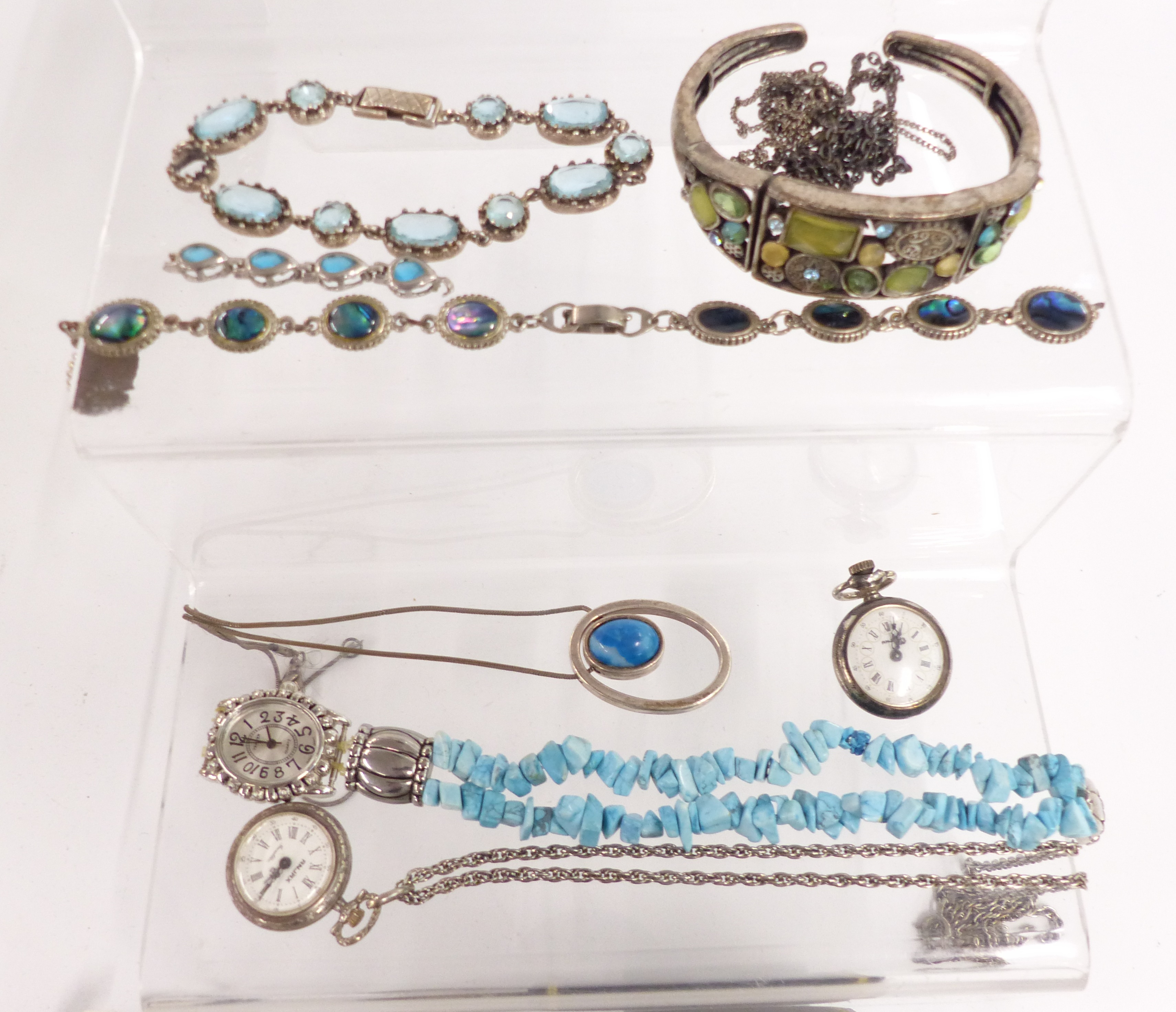 A collection of costume jewellery including watches, yellow metal watch back, silver bracelet set - Image 3 of 5