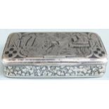 Likely French Niello white metal snuff box with hunting scene to lid and foliate decoration to the