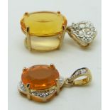 Two 9ct gold pendants set with an oval cut fire opal and diamonds, 4g