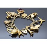 A 9ct gold charm bracelet with thirteen 9ct gold charms including a cat, aeroplane, woodpecker,