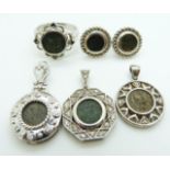 Three silver pendants, earrings and ring all set with 'Widow's Mite' coins