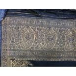 Black sari scarf with embroidered gold thread border decorated with a paisley design and gold bead