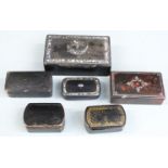 Six 19thC lacquer snuff boxes, length of longest 10cm