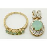 A 9ct gold ring set with round cut Paraiba opals and diamonds and a 9ct gold pendant set with an