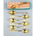 A set of six Russian silver gilt and enamel teaspoons, with 875 Russian silver marks, length 14cm,