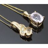 Two 9ct gold pendants, one set with a citrine, emeralds and a diamond and the other morganite,