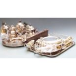 Silver plated ware to include two large trays, length of larger 55cm, teaset, wine coaster, entree