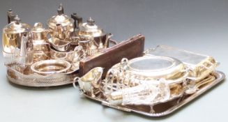 Silver plated ware to include two large trays, length of larger 55cm, teaset, wine coaster, entree