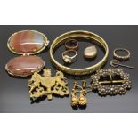 A collection of jewellery including Victorian cut steel buckle, two Victorian agate brooches,
