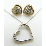 A 9ct white gold heart pendant set with diamonds and a pair of 9ct gold earrings, 3.2g