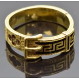 Victorian 18ct gold mourning buckle ring set with plaited hair in sections and with black enamel