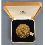 Royal Mint Queen Elizabeth Silver Jubilee gold plated commemorative coin, 45mm, cased