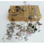 A collection of silver jewellery including rings, necklaces, Greek key bracelet, earrings etc