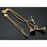 Victorian 9ct gold double strand leontine / fob chain with engraved section to the middle, a gold