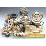Collection of silver plate to include spirit flask set, wine coaster, silver handled items,