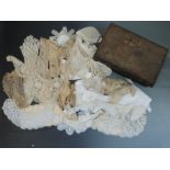 A collection of 18/19thC lace including ribbon, trim, remnants, panels etc, in metal deed box