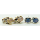 Two pairs of 9ct gold earrings set with black opal cabochons, 3.7g