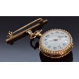 A continental yellow metal fob watch set with seed pearls and rubies, marked 18k, 15g