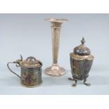 Hallmarked silver pepper, hallmarked silver mustard and a trumpet vase marked Sterling, weight