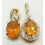 Two 9ct gold pendants each set with a fire opal and diamonds, 3g