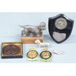 Dandie Dinmont plated dog car mascot or similar, length 8cm, Cruft's badges and trophies including