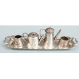 Novelty hallmarked silver tea, coffee or similar set on tray comprising tray, tea, coffee or similar