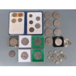 A collection of silver three penny coins, an 1888 Jubilee halfcrown together with some modern