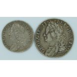George II 1758 old head shilling together with a 1757 sixpence with semee of hearts