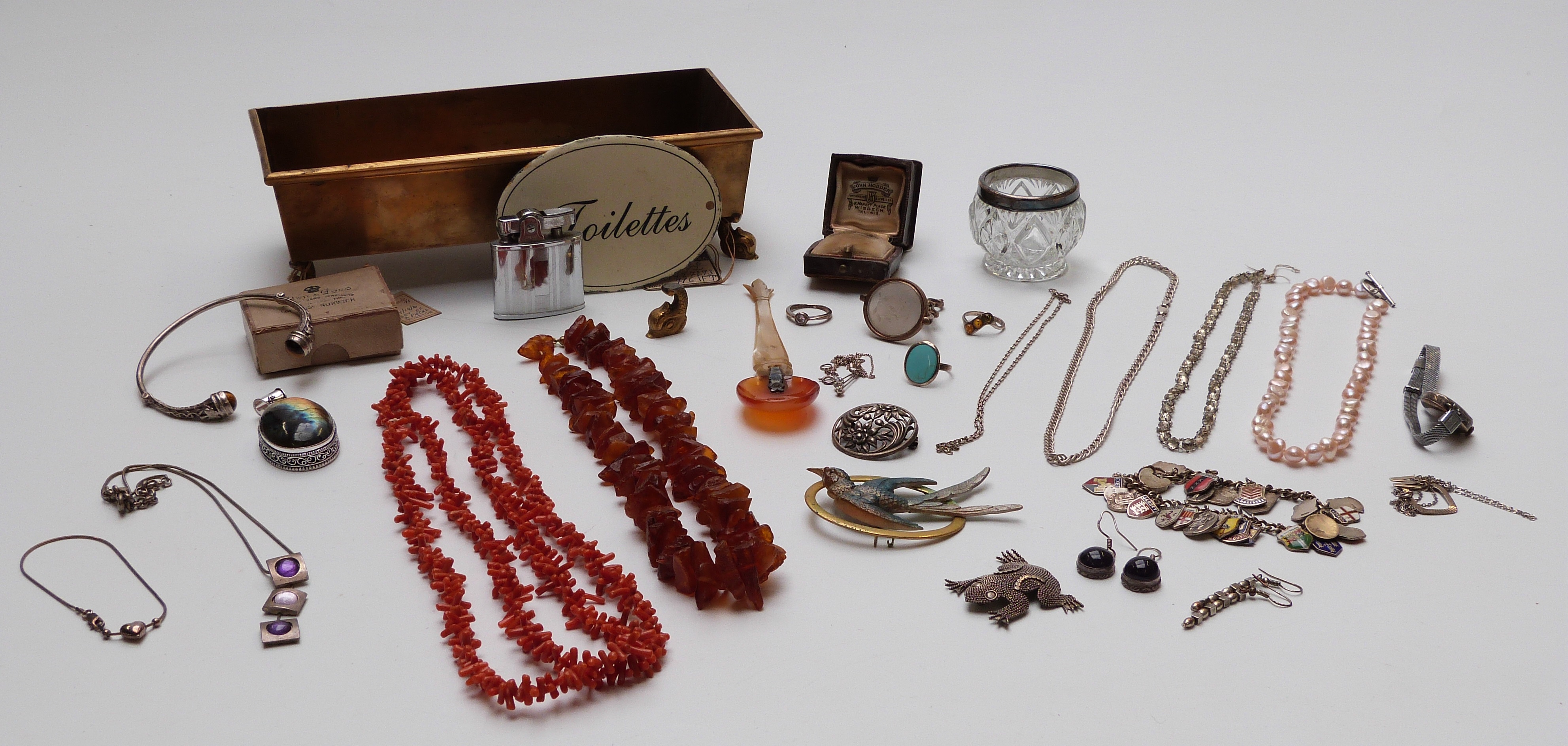 A collection of jewellery including silver, coral, pearl necklace, bird brooch, lighter, etc